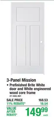 Menards 3-Panel Mission Prefinished Brite White door and White engineered wood core frame offer