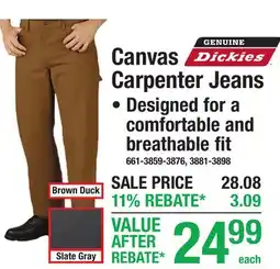 Menards Dickies Canvas Carpenter Jeans offer