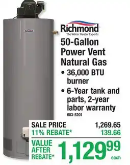 Menards 50-Gallon Power Vent Natural Gas offer