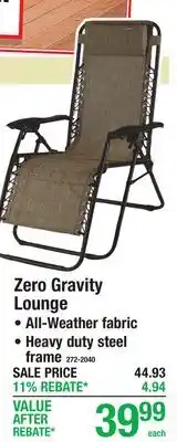 Menards Zero Gravity Lounge All-Weather fabric Heavy duty steel frame offer