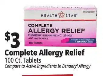 Ocean State Job Lot Health Star 25 mg Complete Allergy Relief 100 Tablets offer