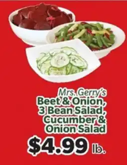 Living Fresh Market Mrs. Gerry's Beet & Onion, 3 Bean Salad, Cucumber & Onion Salad offer