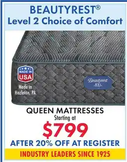 Boscov's BEAUTYREST Level 2 Choice of Comfort QUEEN MATTRESSES offer