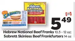 Weis Markets Hebrew National Beef Franks 10.3-12 oz Sabrett Skinless Beef Frankfurters 14 oz offer