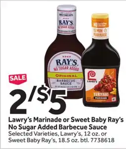 Stop&Shop Lawry's Marinade or Sweet Baby Ray's No Sugar Added Barbecue Sauce offer