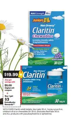 CVS Claritin adult tablets, liqui-gels 30 ct., honey syrup 8 oz, children's 8 oz or chewables 20-30 ct offer