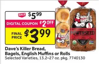 Stop&Shop Dave's Killer Bread, Bagels, English Muffins or Rolls offer