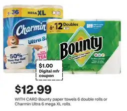 CVS Bounty paper towels 6 double rolls or Charmin Ultra 6 mega XL rolls offer