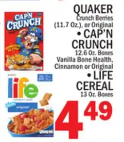 C Town QUAKER, CAP'N CRUNCH, LIFE CEREAL 13 Oz. Boxes offer