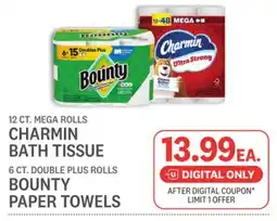 Kings Food Markets 12 CT. MEGA ROLLS CHARMIN BATH TISSUE 6 CT. DOUBLE PLUS ROLLS BOUNTY PAPER TOWELS offer