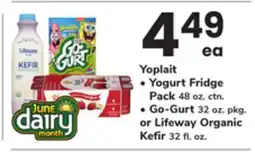 ACME Yoplait Yogurt Fridge Pack 48 oz. ctn. Go-Gurt 32 oz. pkg. or Lifeway Organic Kefir 32 fl. oz offer