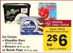 ACME Ice Cream Klondike Bars 16-27 fl. oz. pkg. Breyers 48 fl. oz. ctn. or Bomb Pops 21 fl. oz. pkg offer