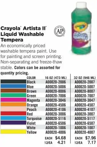 Blick Crayola Artista II Liquid Washable Tempera offer