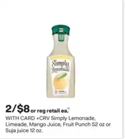 CVS Simply Lemonade, Limeade, Mango Juice, Fruit Punch 52 oz or Suja juice 12 oz offer