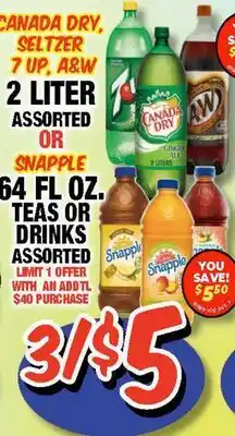 Western Beef CANADA DRY, SELTZER, 7 UP, A&W, 2 LITER ASSORTED OR SNAPPLE 64 FL OZ. TEAS OR DRINKS ASSORTED offer
