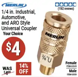 Harbor Freight Tools Merlin 1/4 in. industrial, automotive, and aro style universal coupler offer