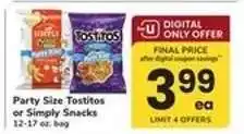 Safeway Party Size Tostitos or Simply Snacks offer