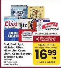 Safeway Bud, Bud Light, Michelob Ultra, Miller Lite, Coors Light, Coors Banquet or Busch Light offer