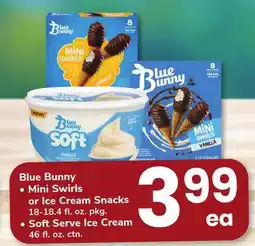 ACME Blue Bunny Mini Swirls or Ice Cream Snacks 18-18.4 fl. oz. pkg., Soft Serve Ice Cream 46 fl. oz. ctn offer