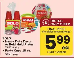 ACME SOLO Heavy Duty Decor or Bold Hold Plates 55-90 ct. pkg., Party Cups 18 oz. 50 ct. pkg offer