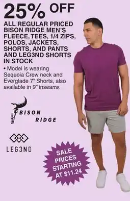 Dunham's Sports BISON RIDGE MEN'S FLEECE, TEES, 1/4 ZIPS, POLOS, JACKETS, SHORTS, AND PANTS AND LEG3ND offer