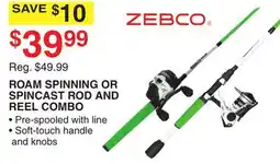 Dunham's Sports ZEBCO ROAM SPINNING OR SPINCAST ROD AND REEL COMBO offer