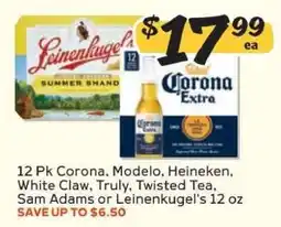 Winn Dixie 12 Pk Corona, Modelo, Heineken, White Claw, Truly, Twisted Tea, Sam Adams or Leinenkugel's 12 oz offer