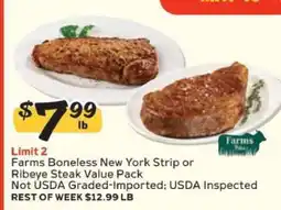 Winn Dixie Farms Boneless New York Strip or Ribeye Steak Value Pack offer