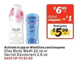 Winn Dixie Olay Body Wash or Secret Deodorant offer
