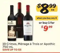 Winn Dixie 19 Crimes, Ménage à Trois or Apothic offer