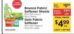 ShopRite Bounce Fabric Softener Sheets / Gain Fabric Softener offer