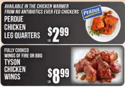 SuperFresh PERDUE CHICKEN LEG QUARTERS, FULLY COOKED WINGS OF FIRE OR BBQ TYSON CHICKEN WINGS offer