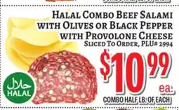 Trade Fair Supermarket HALAL COMBO BEEF SALAMI WITH OLIVES OR BLACK PEPPER WITH PROVOLONE CHEESE offer