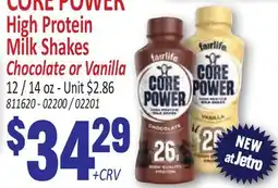 Jetro CORE POWER High Protein Milk Shakes Chocolate or Vanilla offer