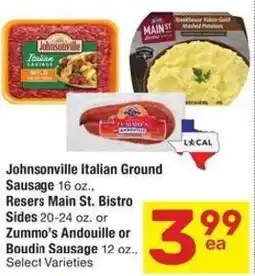 Albertsons Johnsonville italian ground sausage, resers main st. bistro sides or zummo's andouille or boudin sausage offer