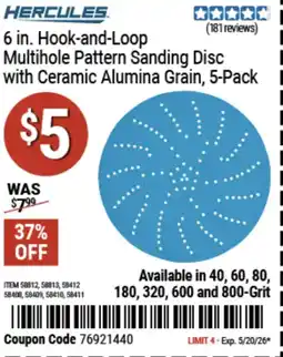 Harbor Freight Tools Hercules 6 in. hook-and-loop multihole pattern sanding disc with ceramic alumina grain offer
