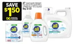 Dollar General all Liquid Laundry Detergent Free Clear or Mighty Pacs offer