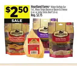 Dollar General Heartland Farms Water Buffalo Ear, Wavy Strips Bacon or Bacon & Cheese or Jerky Sticks Beef offer