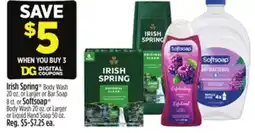 Dollar General Irish Spring Body Wash, Largeror Bar Soap or Softsoap Body Wash or Larger or Liquid Hand Soap offer