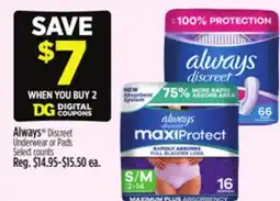 Dollar General Always Discreet Underwear or Pads offer