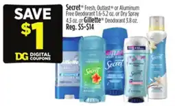 Dollar General Secret Fresh, Outlast or Aluminum Free Deodorant or Dry Spray or Gillette Deodorant offer