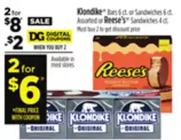 Dollar General Klondike Bars or Sandwiches Assorted or Reese's Sandwiches offer