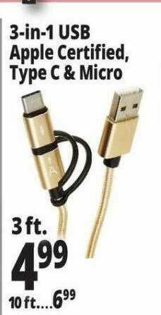 Ocean State Job Lot 3-In-1 USB Apple Certified Type C & Micro offer