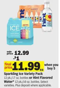 Meijer Sparkling Ice Variety Pack 12 pk./17 oz. bottles or Hint Flavored Water* 12 pk./16 oz. bottles offer