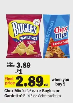 Meijer Chex Mix 9-13.5 oz. or Bugles or Gardetto's* 14.5 oz offer
