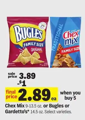 Meijer Chex Mix 9-13.5 oz. or Bugles or Gardetto's* 14.5 oz offer