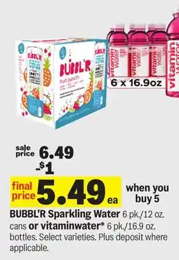 Meijer BUBBL'R Sparkling Water 6 pk./12 oz. cans or vitaminwater* 6 pk., 16.9 oz. bottles offer