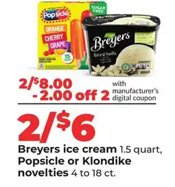 Hy-Vee Breyers ice cream 1.5 quart, Popsicle or Klondike novelties offer