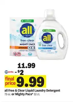 Meijer all Free & Clear Liquid Laundry Detergent 73 oz. or Mighty Pacs 32 ct offer