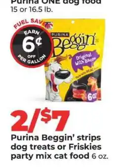 Hy-Vee Purina Beggin' strips dog treats or Friskies party mix cat food offer